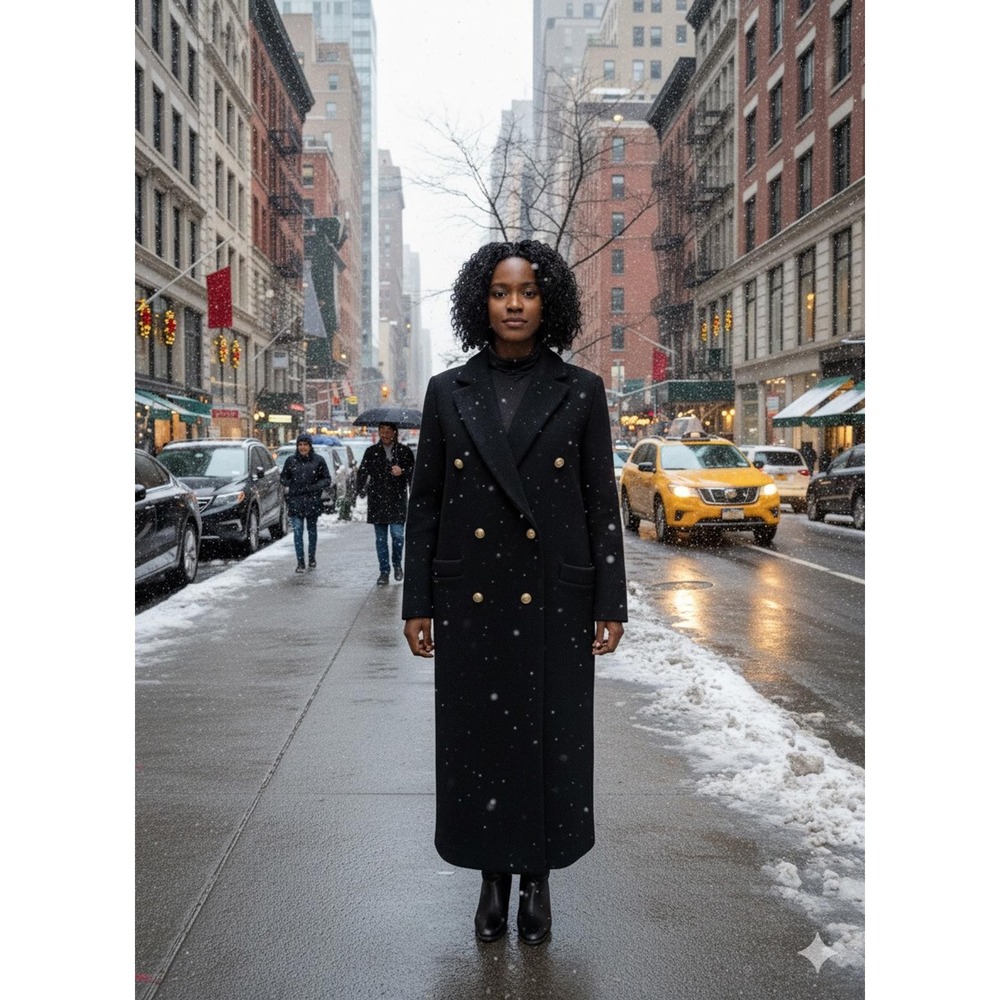 Vintage Woolmark Black 100% Pure Wool Maxi Coat Gold Crest Buttons Womens XL